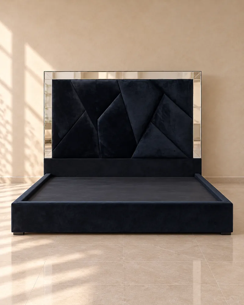 Cama negra con cabecera geométrica