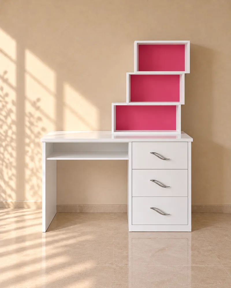 Peinadora blanca con repisa rosa